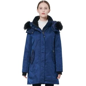Orolay Women's Navy Blue Winter Puffer Down Maxi Coat Black Faux Fur Hood S
